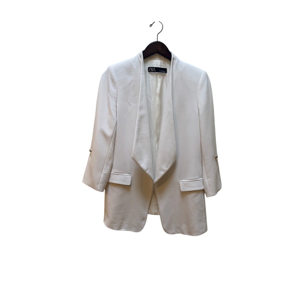 Zara Womens Off White Open Front Shawl Lapel Blazer Jacket with Button Tab‎ M